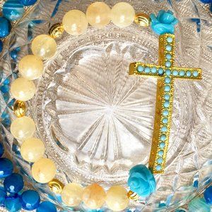 Crystal Cross Collection: Citrine Precious Stone Bracelet with Rose beads